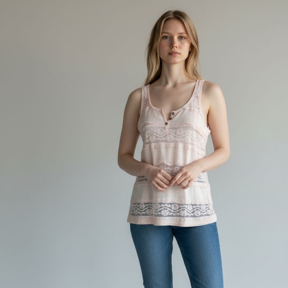 H&M LOGG Boho Pink Lace Tiered Ruffled Henley Style Tank Top Size M